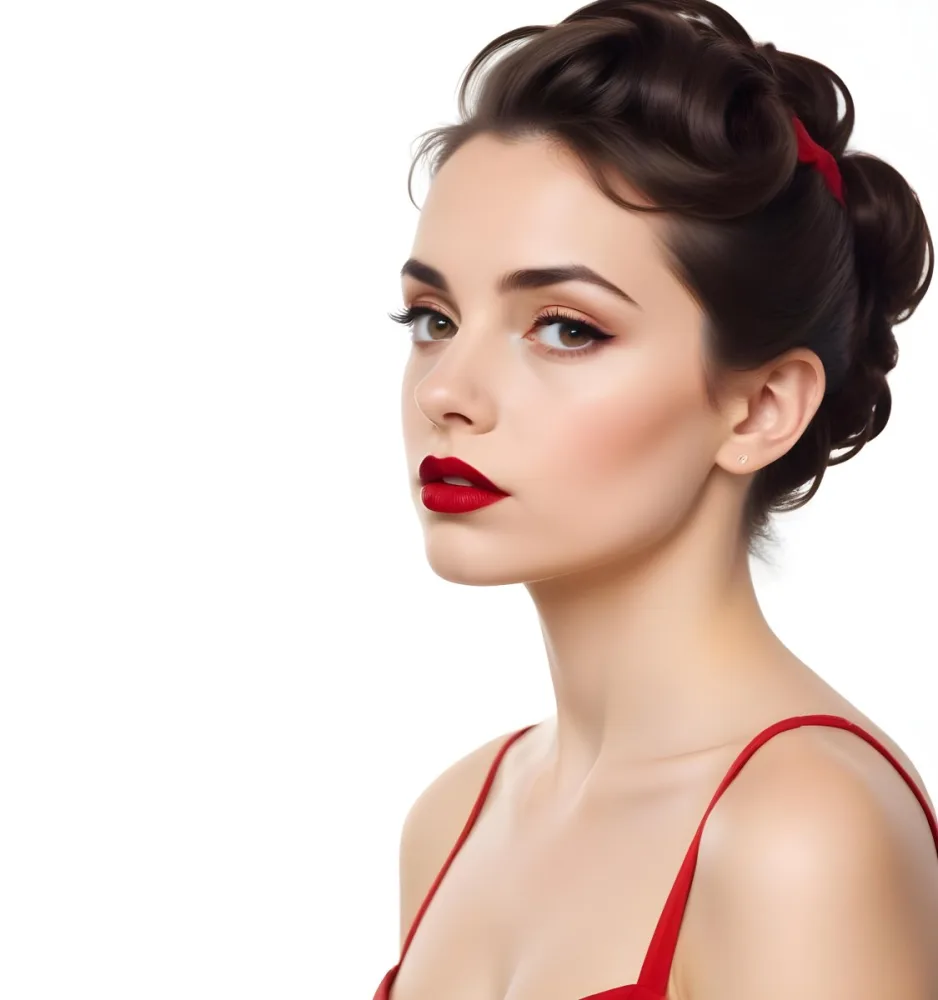 A Young Caucasian Woman With Dark Brown Hair Styled In An Updo Wearing Bold Red Lipstick And Looking Directly At The Camera With A Serious Expression 10 E474