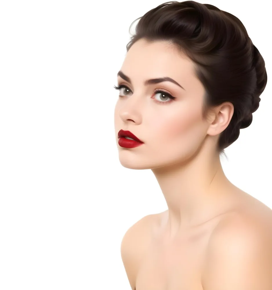 A Young Caucasian Woman With Dark Brown Hair Styled In An Updo Wearing Bold Red Lipstick And Looking Directly At The Camera With A Serious Expression 15 Afe0