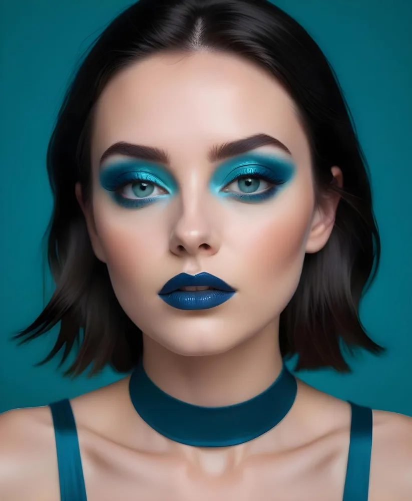 A Young Caucasian Woman With Dark Hair Bold Blue And Teal Eye Makeup And Deep Purple Lipstick 23 C9bd