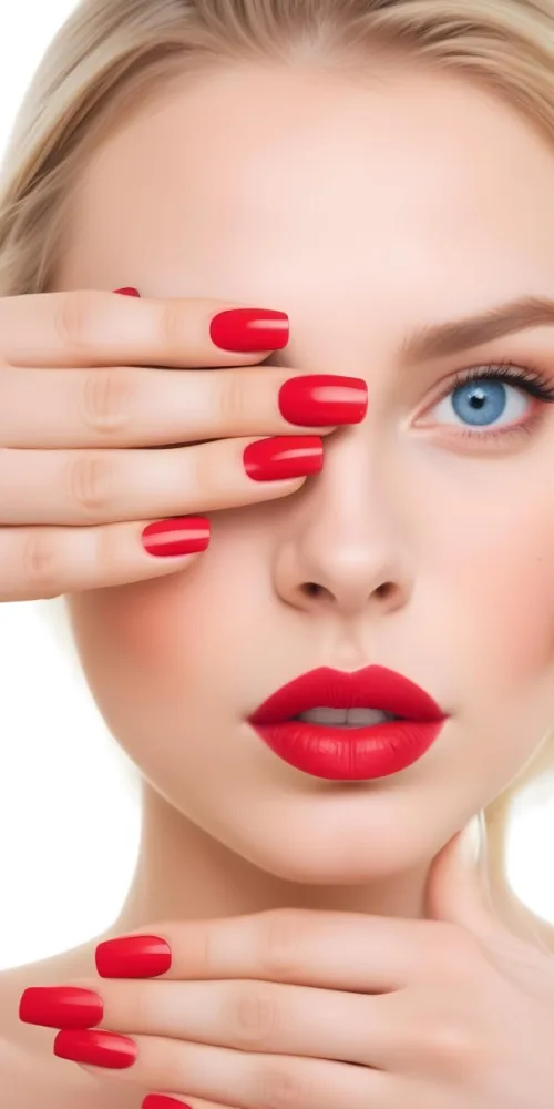 A Young Caucasian Woman With Fair Skin And Long Blonde Hair Covering One Eye With Her Hand She Has Striking Blue Eyes And Bold Red Lipstick Complemented By Matching White Nail Polish On Her Long Nails The Background I 5 97f8