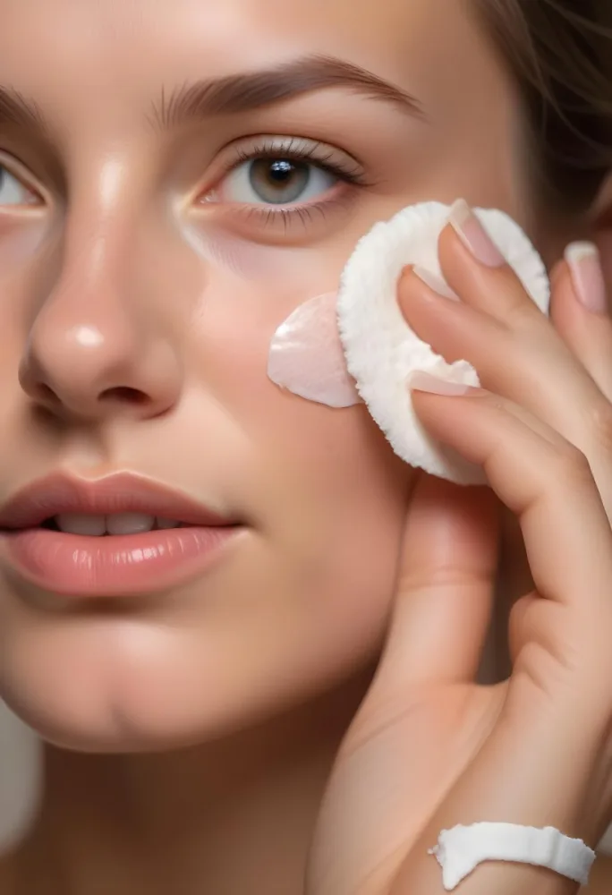 A Young Caucasian Woman With Fair Skin Blue Eyes And Light Brown Hair Applying Moisturizer To Her Face With A Cotton Pad In A Bright Bathroom 1 F325