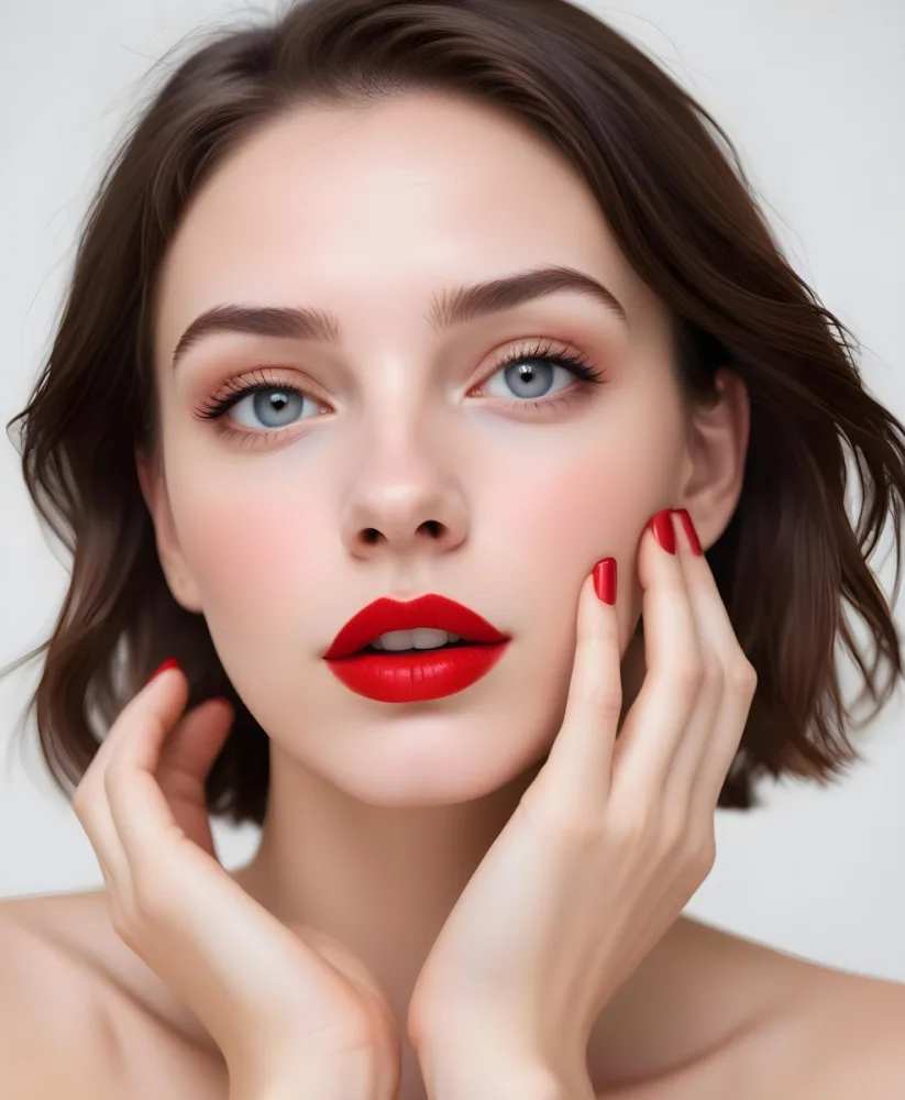 A Young Caucasian Woman With Fair Skin Blue Eyes And Long Dark Hair Wearing Bright Red Lipstick And Posing With Her Hands On Her Face 12 729c