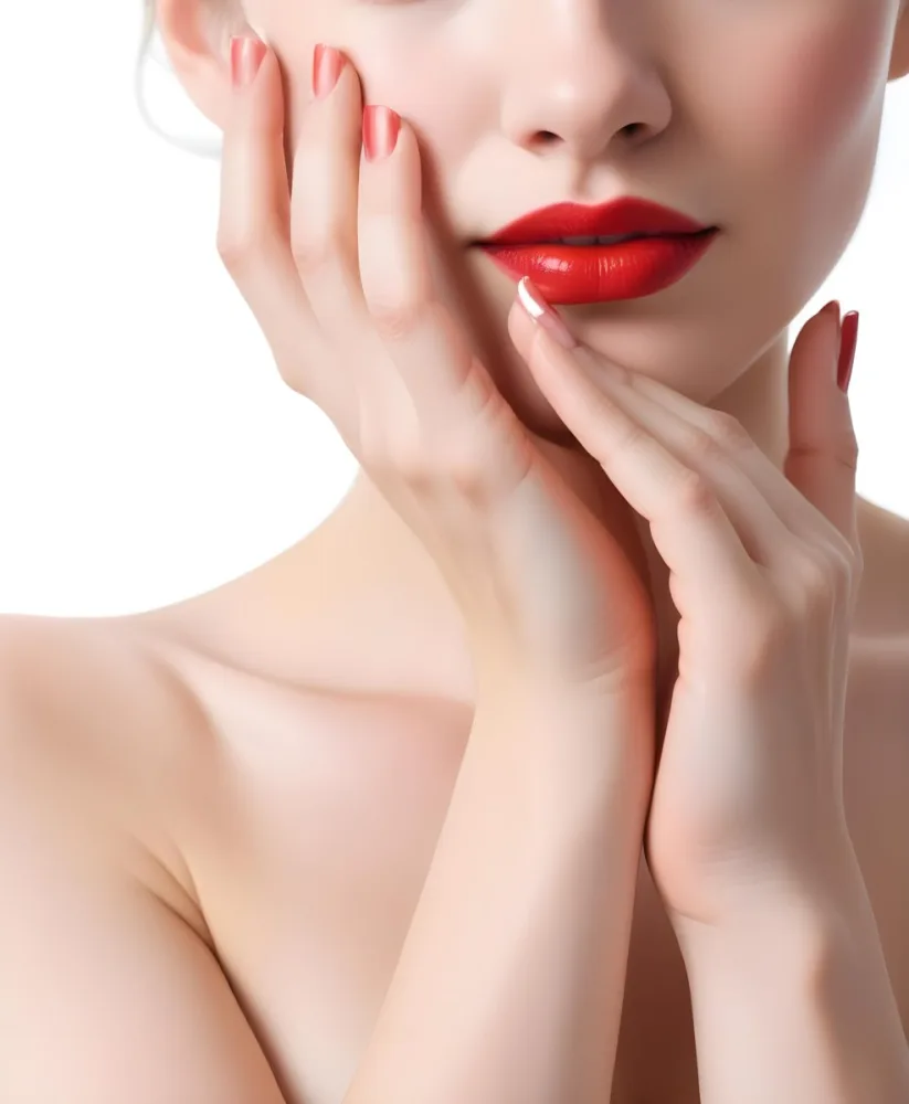 A Young Caucasian Woman With Fair Skin Blue Eyes And Long Dark Hair Wearing Bright Red Lipstick And Posing With Her Hands On Her Face 14 6306