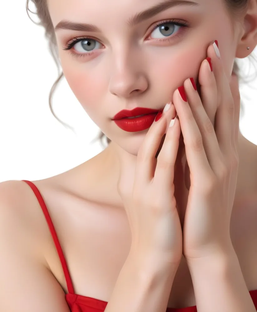 A Young Caucasian Woman With Fair Skin Blue Eyes And Long Dark Hair Wearing Bright Red Lipstick And Posing With Her Hands On Her Face 6 C1d7