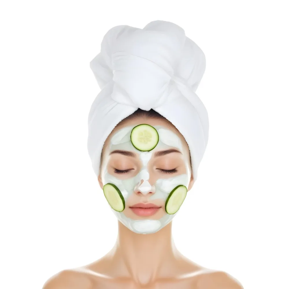 A Young Caucasian Woman With Her Eyes Closed Wearing A White Towel On Her Head And Having Slices Of Cucumber On Her Face In A Spa Room With Soft Lighting 17 F54e
