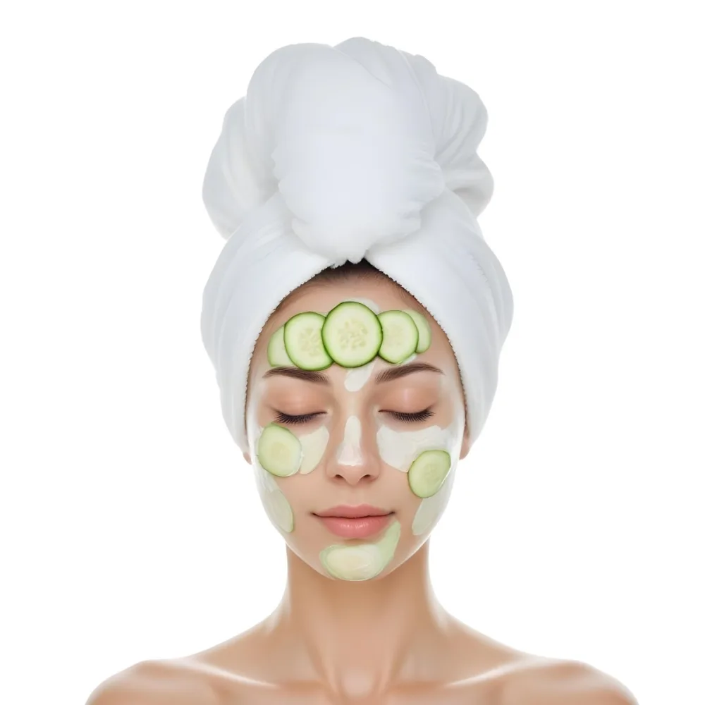 A Young Caucasian Woman With Her Eyes Closed Wearing A White Towel On Her Head And Having Slices Of Cucumber On Her Face In A Spa Room With Soft Lighting 21 D060
