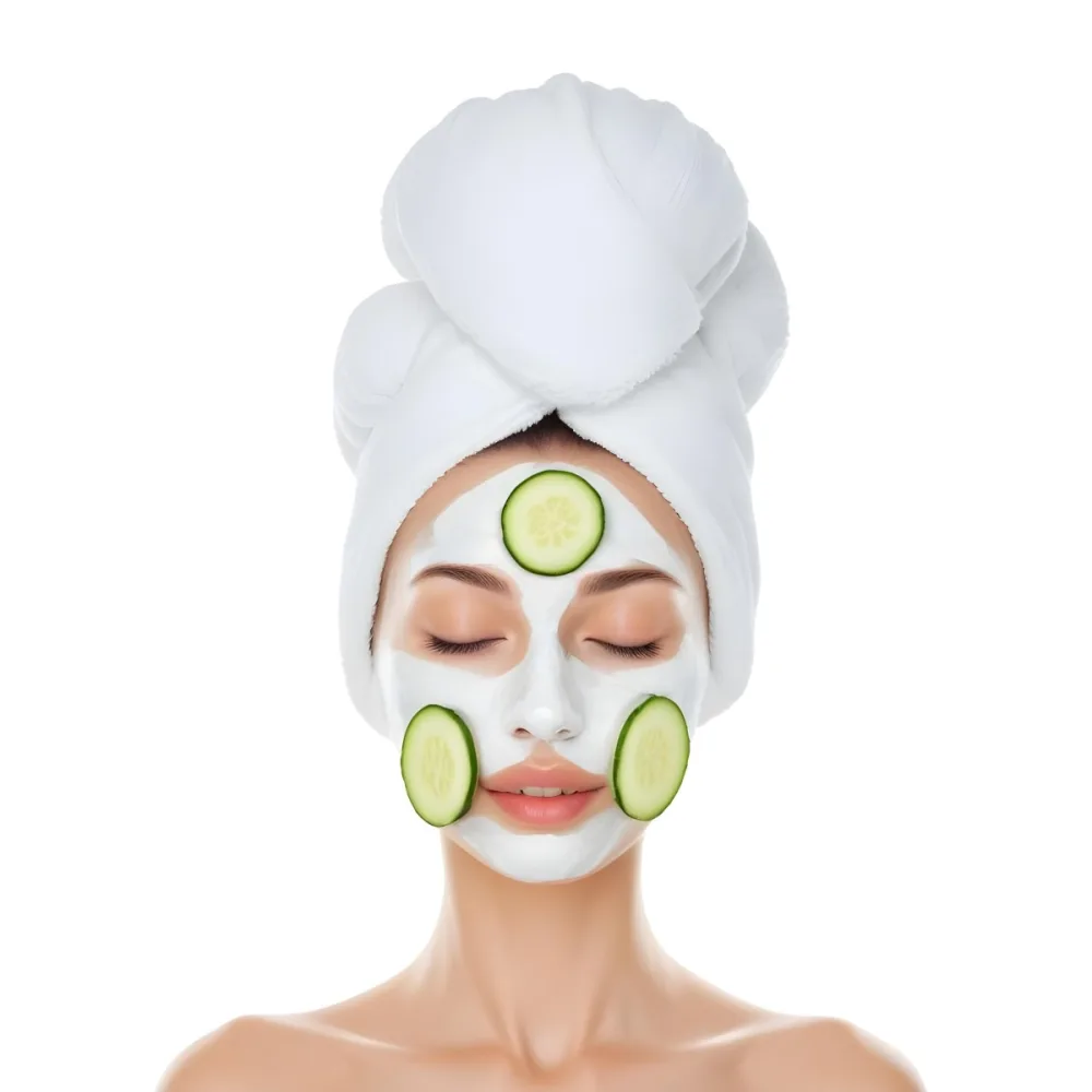A Young Caucasian Woman With Her Eyes Closed Wearing A White Towel On Her Head And Having Slices Of Cucumber On Her Face In A Spa Room With Soft Lighting 26 5a44