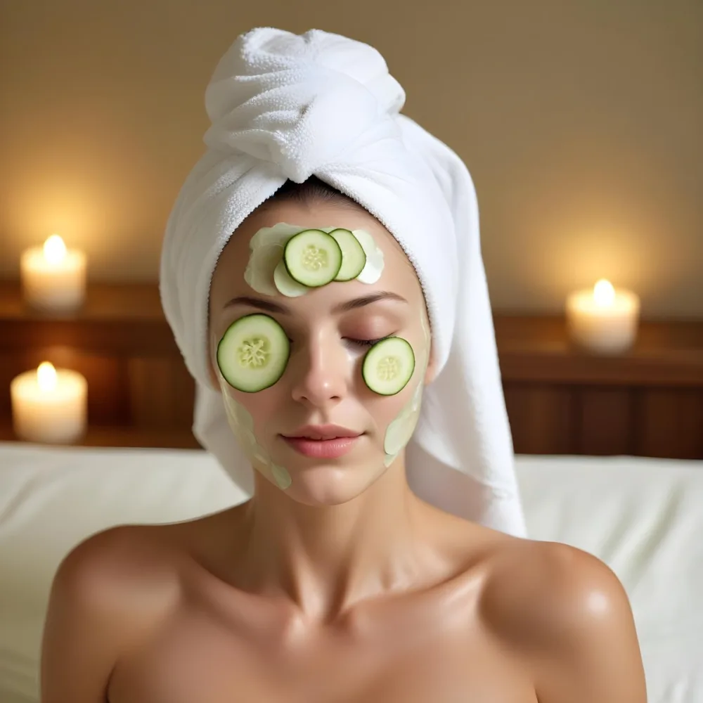 A Young Caucasian Woman With Her Eyes Closed Wearing A White Towel On Her Head And Having Slices Of Cucumber On Her Face In A Spa Room With Soft Lighting 3 4972