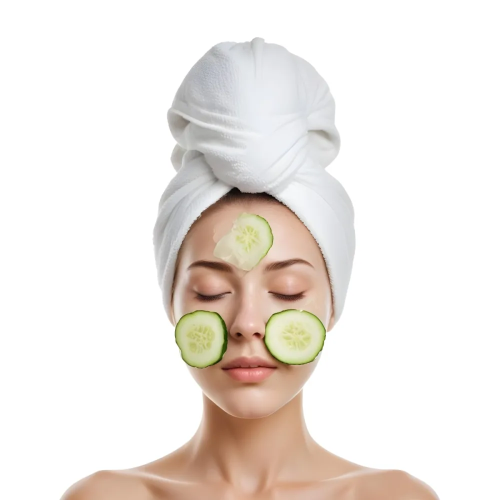 A Young Caucasian Woman With Her Eyes Closed Wearing A White Towel On Her Head And Having Slices Of Cucumber On Her Face In A Spa Room With Soft Lighting 30 D794