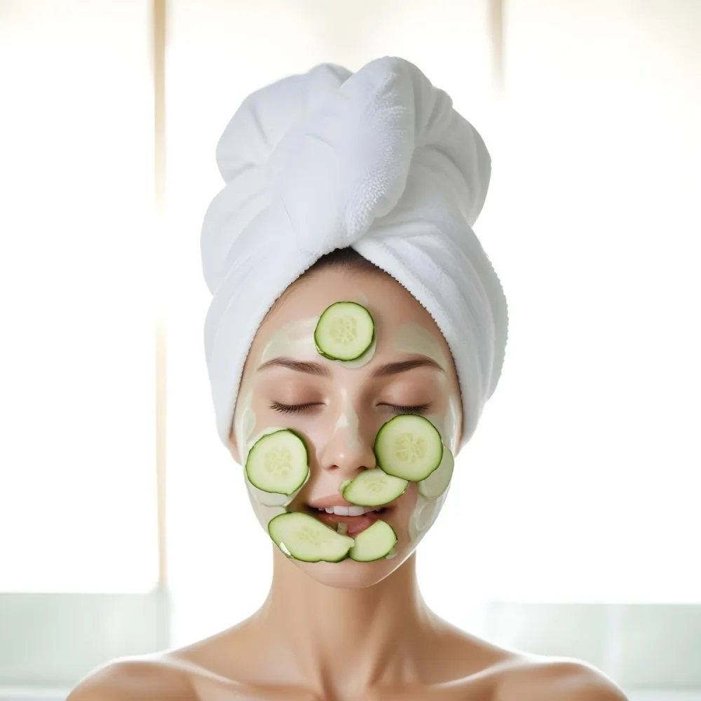A Young Caucasian Woman With Her Eyes Closed Wearing A White Towel On Her Head And Having Slices Of Cucumber On Her Face In A Spa Room With Soft Lighting 7 5bf9