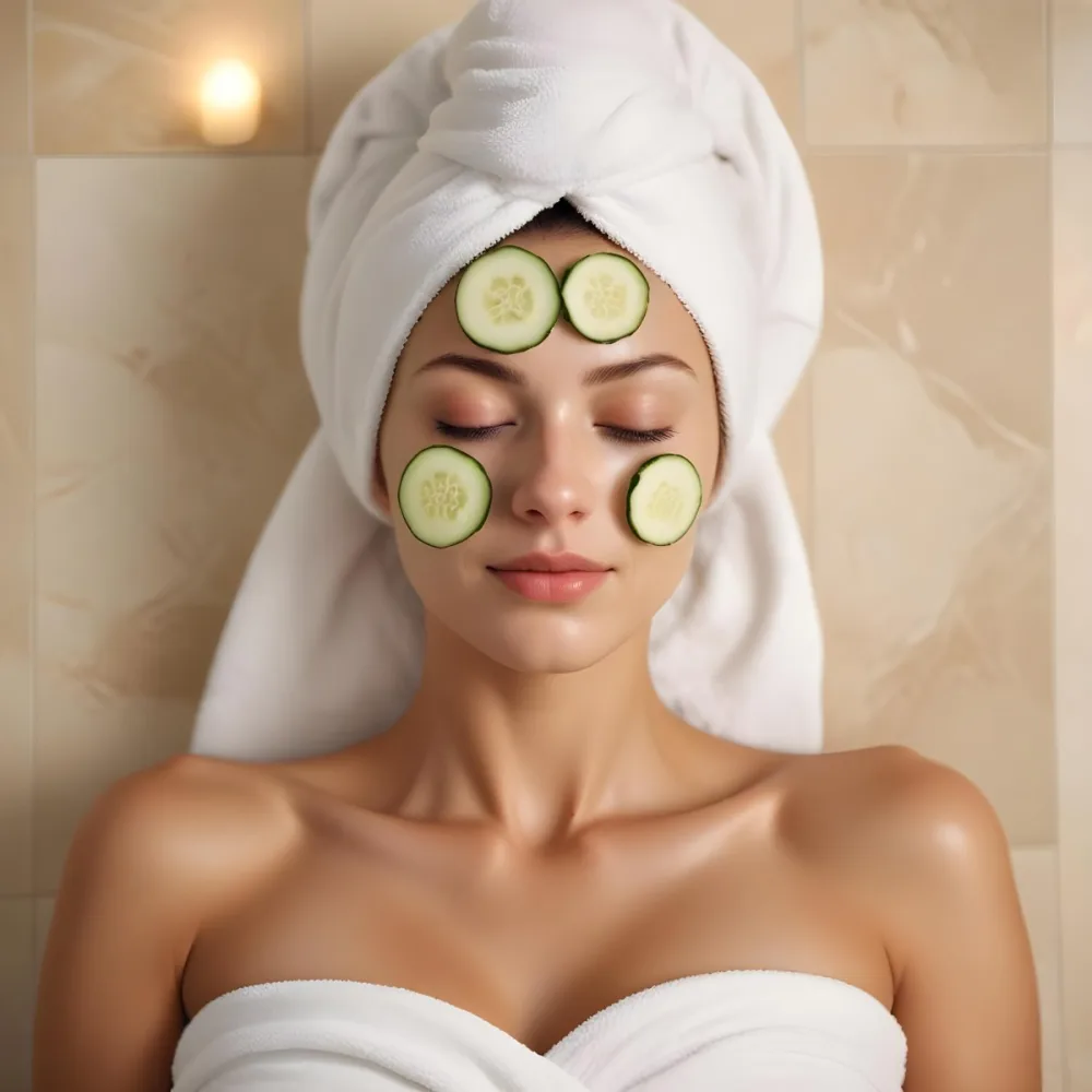 A Young Caucasian Woman With Her Eyes Closed Wearing A White Towel On Her Head And Having Slices Of Cucumber On Her Face In A Spa Room With Soft Lighting 8 Ec1d