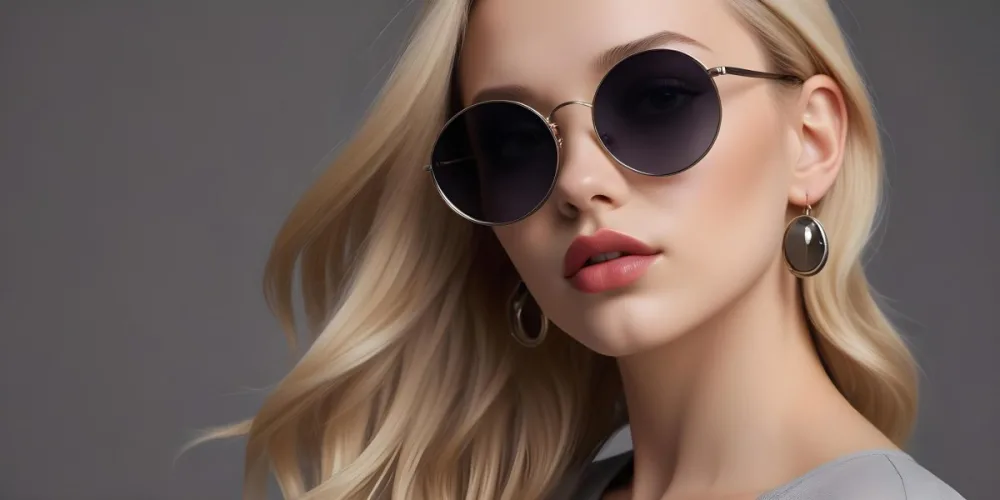 A Young Caucasian Woman With Light Skin And Long Blonde Hair Wearing Large Round Sunglasses With Dark Lenses She Has Full Lips And Is Adorned With A Dangling Earring The Background Is A Simple Gray Emphasizing Her 12 9d76