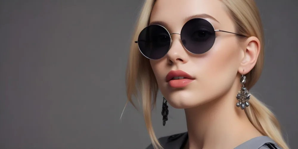A Young Caucasian Woman With Light Skin And Long Blonde Hair Wearing Large Round Sunglasses With Dark Lenses She Has Full Lips And Is Adorned With A Dangling Earring The Background Is A Simple Gray Emphasizing Her 13 01dc