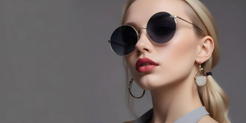 A Young Caucasian Woman With Light Skin And Long Blonde Hair Wearing Large Round Sunglasses With Dark Lenses She Has Full Lips And Is Adorned With A Dangling Earring The Background Is A Simple Gray Emphasizing Her 17 Cef3