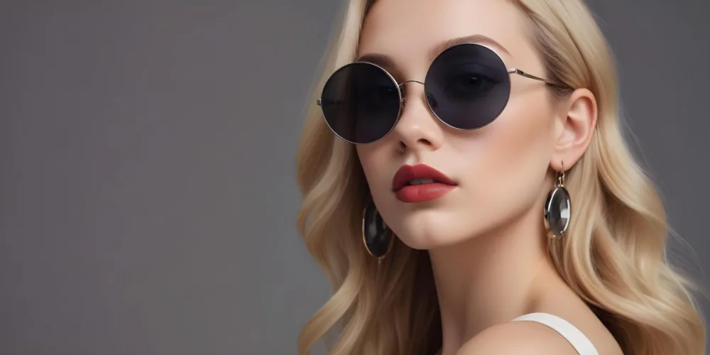 A Young Caucasian Woman With Light Skin And Long Blonde Hair Wearing Large Round Sunglasses With Dark Lenses She Has Full Lips And Is Adorned With A Dangling Earring The Background Is A Simple Gray Emphasizing Her 19 B6f0
