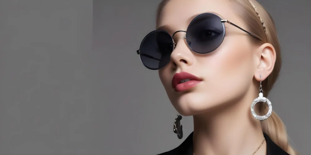 A Young Caucasian Woman With Light Skin And Long Blonde Hair Wearing Large Round Sunglasses With Dark Lenses She Has Full Lips And Is Adorned With A Dangling Earring The Background Is A Simple Gray Emphasizing Her 22 0b42