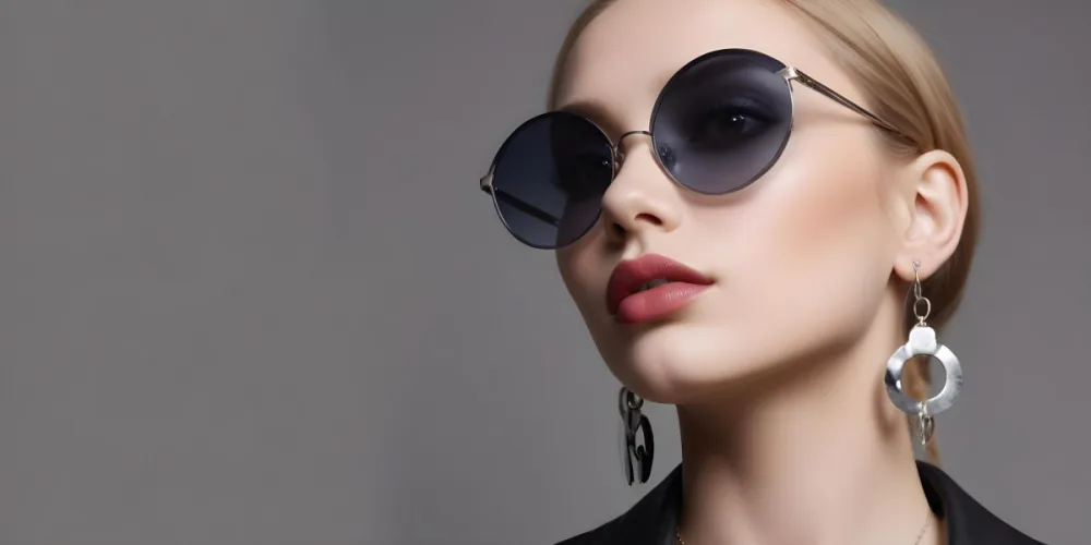 A Young Caucasian Woman With Light Skin And Long Blonde Hair Wearing Large Round Sunglasses With Dark Lenses She Has Full Lips And Is Adorned With A Dangling Earring The Background Is A Simple Gray Emphasizing Her 25 B1b3