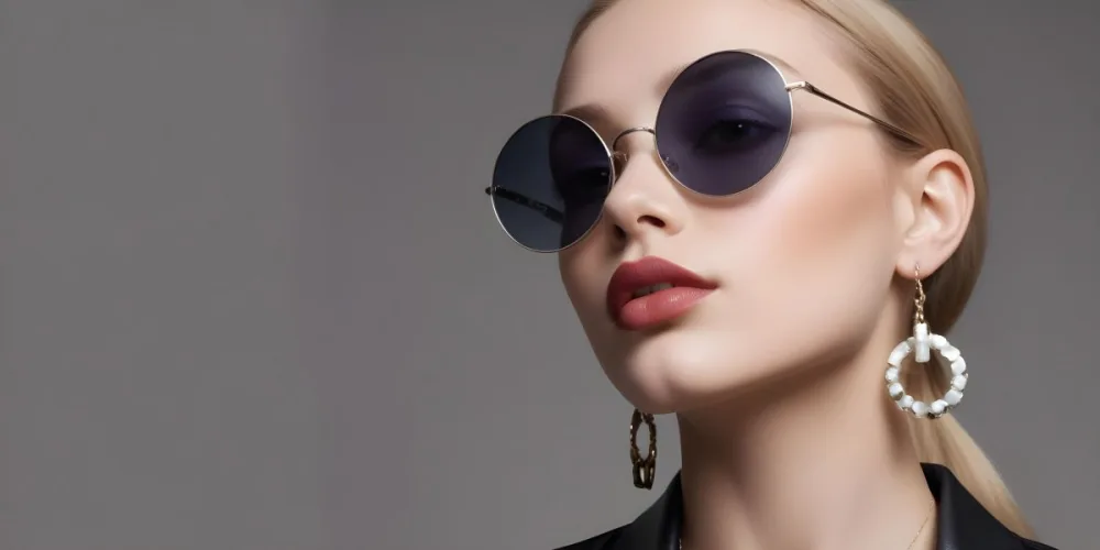 A Young Caucasian Woman With Light Skin And Long Blonde Hair Wearing Large Round Sunglasses With Dark Lenses She Has Full Lips And Is Adorned With A Dangling Earring The Background Is A Simple Gray Emphasizing Her 28 7cff