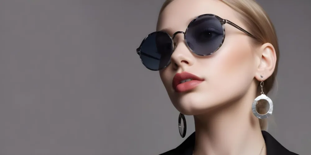 A Young Caucasian Woman With Light Skin And Long Blonde Hair Wearing Large Round Sunglasses With Dark Lenses She Has Full Lips And Is Adorned With A Dangling Earring The Background Is A Simple Gray Emphasizing Her 35 7a19
