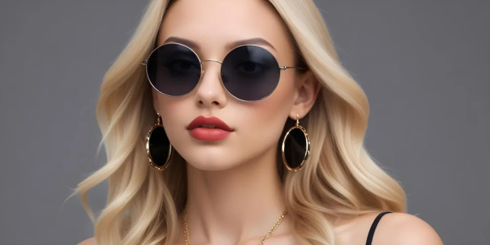A Young Caucasian Woman With Light Skin And Long Blonde Hair Wearing Large Round Sunglasses With Dark Lenses She Has Full Lips And Is Adorned With A Dangling Earring The Background Is A Simple Gray Emphasizing Her 36 2b89
