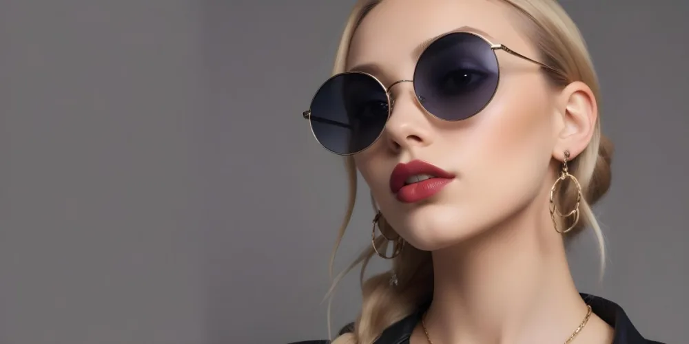 A Young Caucasian Woman With Light Skin And Long Blonde Hair Wearing Large Round Sunglasses With Dark Lenses She Has Full Lips And Is Adorned With A Dangling Earring The Background Is A Simple Gray Emphasizing Her 38 Fd02