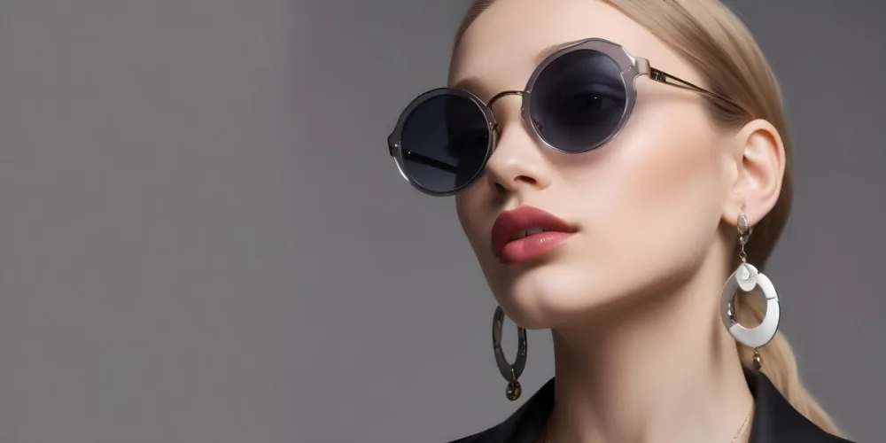 A Young Caucasian Woman With Light Skin And Long Blonde Hair Wearing Large Round Sunglasses With Dark Lenses She Has Full Lips And Is Adorned With A Dangling Earring The Background Is A Simple Gray Emphasizing Her 39 F16d