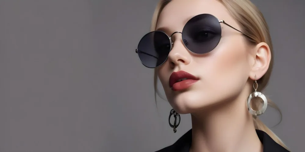 A Young Caucasian Woman With Light Skin And Long Blonde Hair Wearing Large Round Sunglasses With Dark Lenses She Has Full Lips And Is Adorned With A Dangling Earring The Background Is A Simple Gray Emphasizing Her 4 9653
