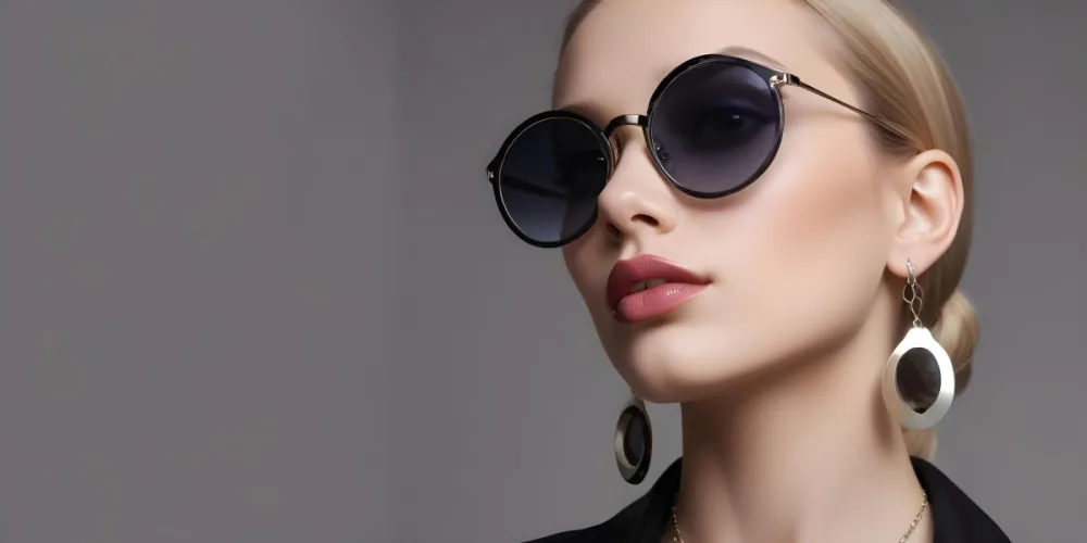 A Young Caucasian Woman With Light Skin And Long Blonde Hair Wearing Large Round Sunglasses With Dark Lenses She Has Full Lips And Is Adorned With A Dangling Earring The Background Is A Simple Gray Emphasizing Her 43 A329