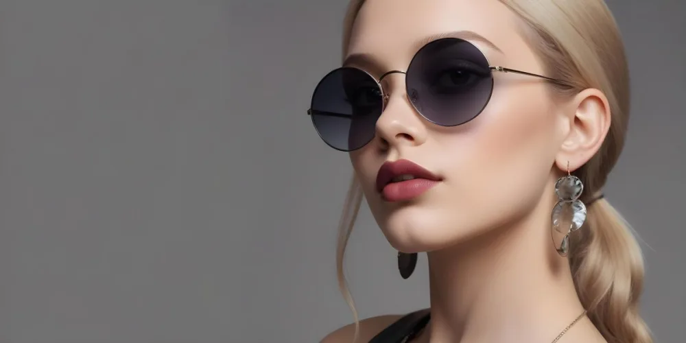 A Young Caucasian Woman With Light Skin And Long Blonde Hair Wearing Large Round Sunglasses With Dark Lenses She Has Full Lips And Is Adorned With A Dangling Earring The Background Is A Simple Gray Emphasizing Her 45 4937