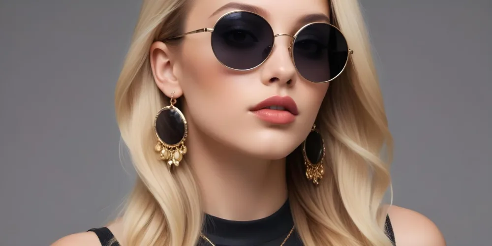 A Young Caucasian Woman With Light Skin And Long Blonde Hair Wearing Large Round Sunglasses With Dark Lenses She Has Full Lips And Is Adorned With A Dangling Earring The Background Is A Simple Gray Emphasizing Her 53 3dd1