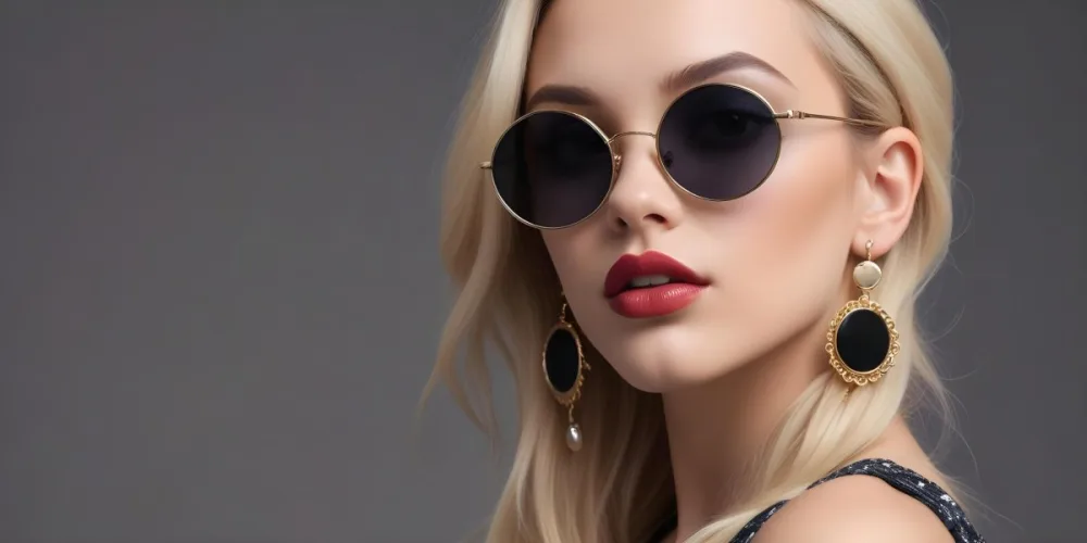A Young Caucasian Woman With Light Skin And Long Blonde Hair Wearing Large Round Sunglasses With Dark Lenses She Has Full Lips And Is Adorned With A Dangling Earring The Background Is A Simple Gray Emphasizing Her 55 E195