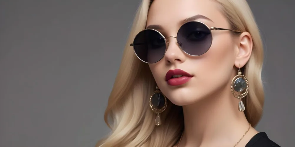 A Young Caucasian Woman With Light Skin And Long Blonde Hair Wearing Large Round Sunglasses With Dark Lenses She Has Full Lips And Is Adorned With A Dangling Earring The Background Is A Simple Gray Emphasizing Her 56 1407