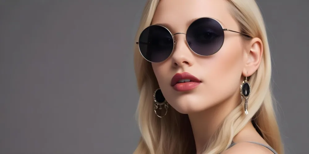 A Young Caucasian Woman With Light Skin And Long Blonde Hair Wearing Large Round Sunglasses With Dark Lenses She Has Full Lips And Is Adorned With A Dangling Earring The Background Is A Simple Gray Emphasizing Her 57 0fa2