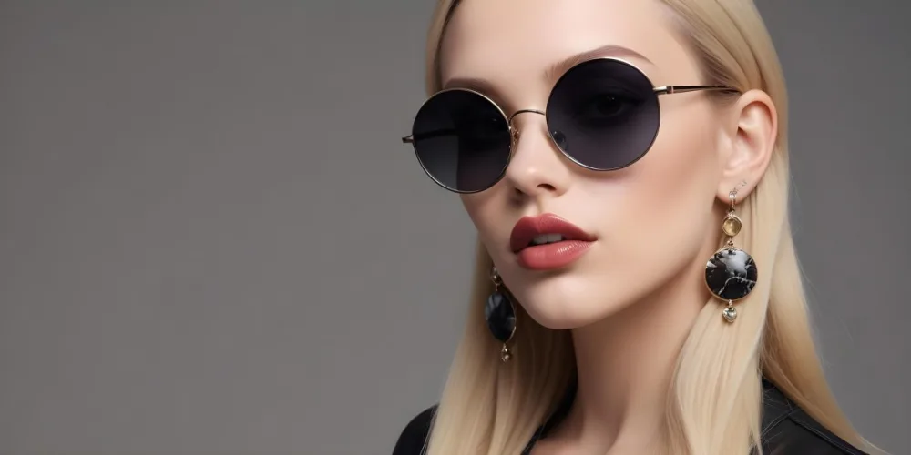 A Young Caucasian Woman With Light Skin And Long Blonde Hair Wearing Large Round Sunglasses With Dark Lenses She Has Full Lips And Is Adorned With A Dangling Earring The Background Is A Simple Gray Emphasizing Her 64 D821