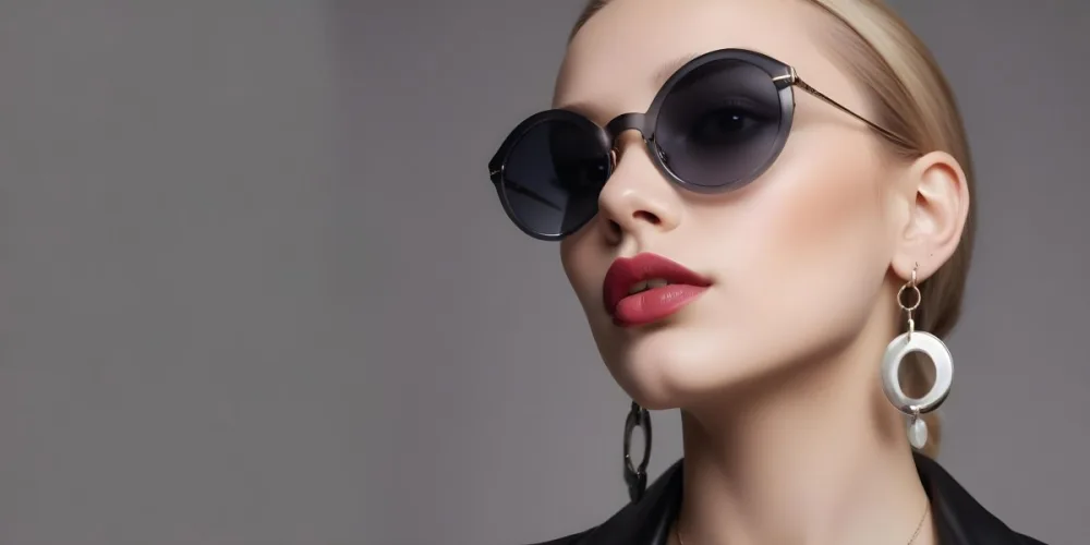 A Young Caucasian Woman With Light Skin And Long Blonde Hair Wearing Large Round Sunglasses With Dark Lenses She Has Full Lips And Is Adorned With A Dangling Earring The Background Is A Simple Gray Emphasizing Her 66 3703