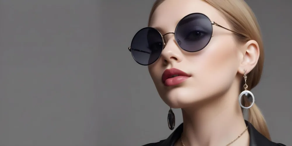 A Young Caucasian Woman With Light Skin And Long Blonde Hair Wearing Large Round Sunglasses With Dark Lenses She Has Full Lips And Is Adorned With A Dangling Earring The Background Is A Simple Gray Emphasizing Her 67 9013