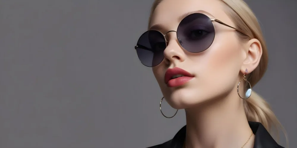 A Young Caucasian Woman With Light Skin And Long Blonde Hair Wearing Large Round Sunglasses With Dark Lenses She Has Full Lips And Is Adorned With A Dangling Earring The Background Is A Simple Gray Emphasizing Her Fa 1 4fd9