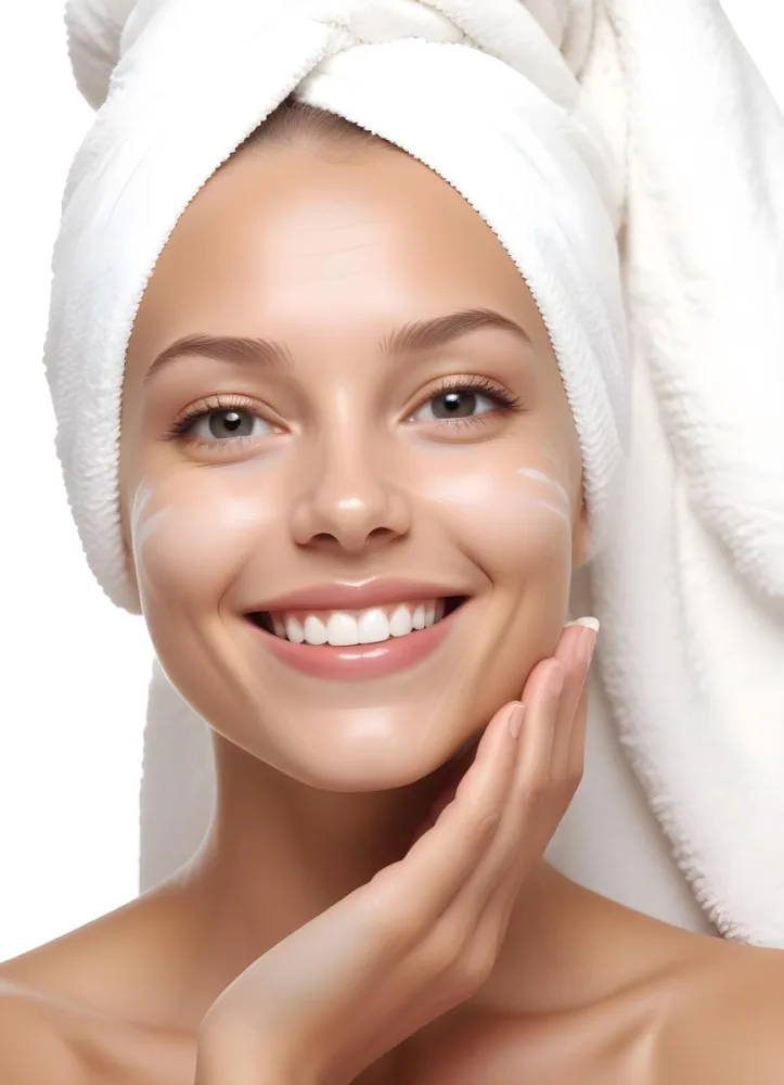 A Young Caucasian Woman With Light Skin And Long Straight Blonde Hair Wrapped In A White Towel She Is Smiling And Has A Small Amount Of Cream Applied To Her Cheek The Background Is Light And Neutral Suggesting A Sp 9 A9de