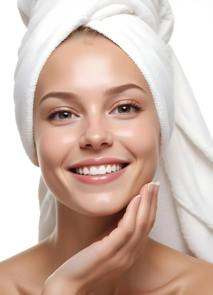 A Young Caucasian Woman With Light Skin And Long Straight Blonde Hair Wrapped In A White Towel She Is Smiling And Has A Small Amount Of Cream Applied To Her Cheek The Background Is Light And Neutral Suggesting A Sp C7e1