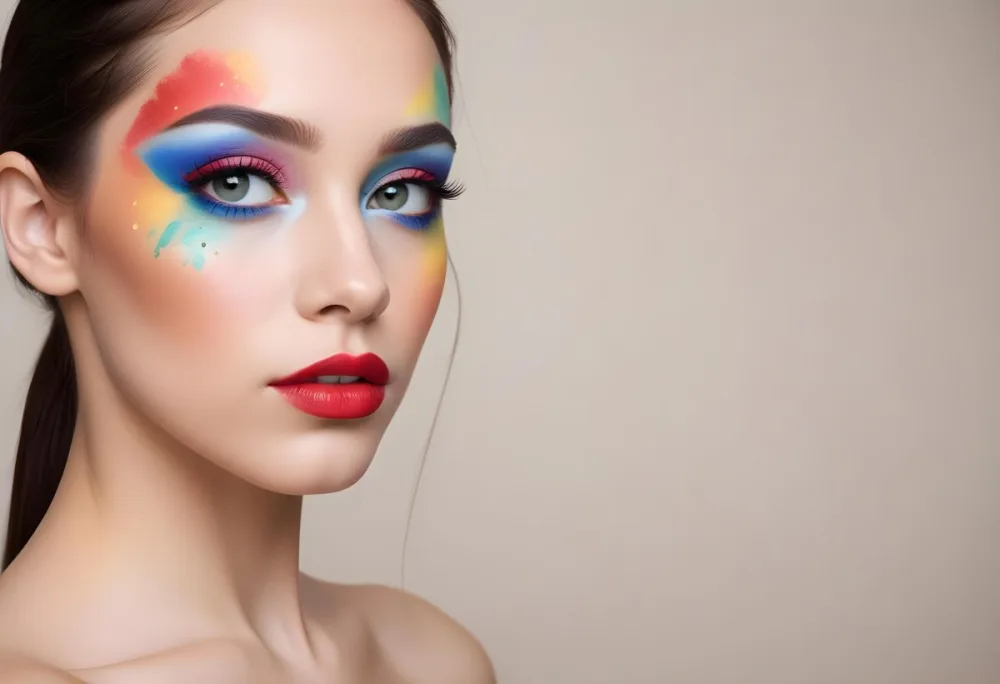 A Young Caucasian Woman With Light Skin And Long Straight Hair Featuring Artistic Makeup With Vibrant Colors Including Red Blue Yellow And Green On Her Eyelids And Around Her Eyes She Has Full Lips And Is Looking T 111 Bf55