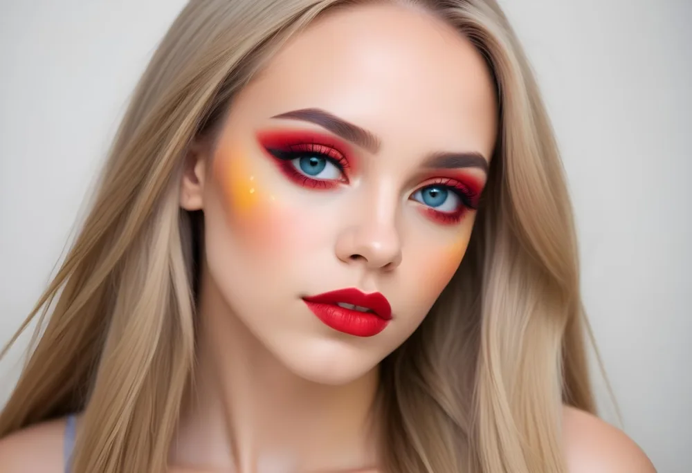 A Young Caucasian Woman With Light Skin And Long Straight Hair Featuring Artistic Makeup With Vibrant Colors Including Red Blue Yellow And Green On Her Eyelids And Around Her Eyes She Has Full Lips And Is Looking T 118 98c7