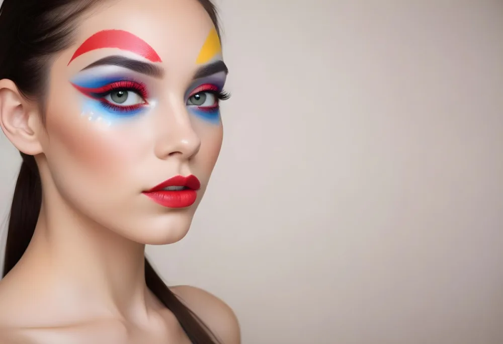 A Young Caucasian Woman With Light Skin And Long Straight Hair Featuring Artistic Makeup With Vibrant Colors Including Red Blue Yellow And Green On Her Eyelids And Around Her Eyes She Has Full Lips And Is Looking T 134 B86d
