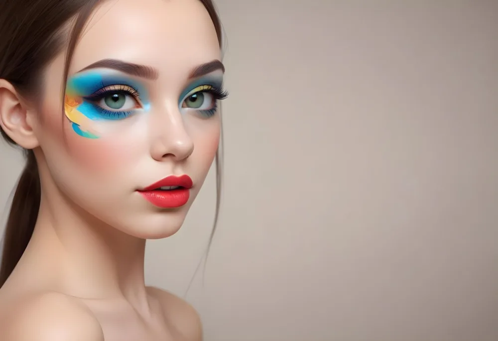 A Young Caucasian Woman With Light Skin And Long Straight Hair Featuring Artistic Makeup With Vibrant Colors Including Red Blue Yellow And Green On Her Eyelids And Around Her Eyes She Has Full Lips And Is Looking T 22 B147