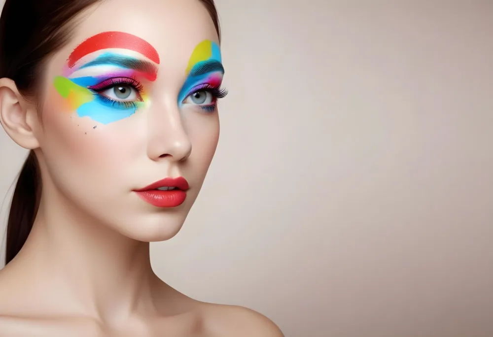 A Young Caucasian Woman With Light Skin And Long Straight Hair Featuring Artistic Makeup With Vibrant Colors Including Red Blue Yellow And Green On Her Eyelids And Around Her Eyes She Has Full Lips And Is Looking T 23 F16c