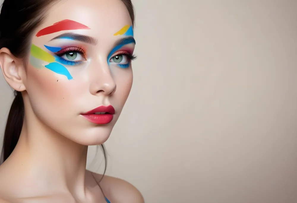 A Young Caucasian Woman With Light Skin And Long Straight Hair Featuring Artistic Makeup With Vibrant Colors Including Red Blue Yellow And Green On Her Eyelids And Around Her Eyes She Has Full Lips And Is Looking T 42 E0b9