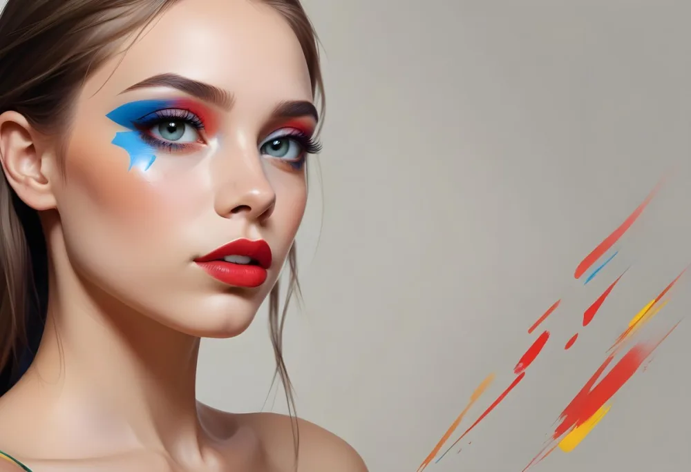 A Young Caucasian Woman With Light Skin And Long Straight Hair Featuring Artistic Makeup With Vibrant Colors Including Red Blue Yellow And Green On Her Eyelids And Around Her Eyes She Has Full Lips And Is Looking T 46 4876