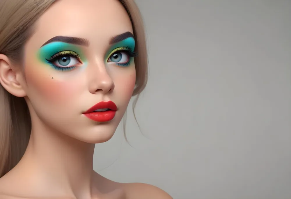 A Young Caucasian Woman With Light Skin And Long Straight Hair Featuring Artistic Makeup With Vibrant Colors Including Red Blue Yellow And Green On Her Eyelids And Around Her Eyes She Has Full Lips And Is Looking T 5 F797