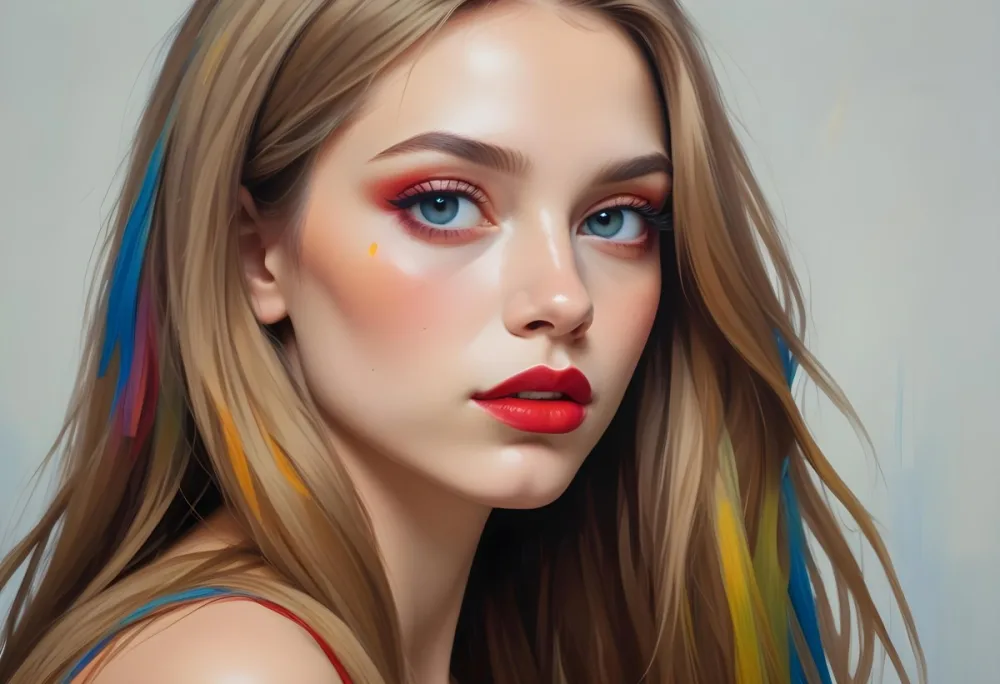 A Young Caucasian Woman With Light Skin And Long Straight Hair Featuring Artistic Makeup With Vibrant Colors Including Red Blue Yellow And Green On Her Eyelids And Around Her Eyes She Has Full Lips And Is Looking T 61 A468
