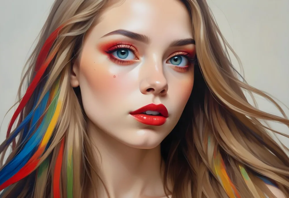 A Young Caucasian Woman With Light Skin And Long Straight Hair Featuring Artistic Makeup With Vibrant Colors Including Red Blue Yellow And Green On Her Eyelids And Around Her Eyes She Has Full Lips And Is Looking T 62 3ede