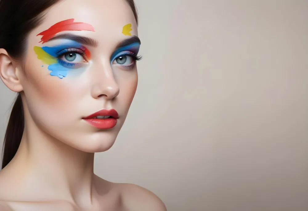 A Young Caucasian Woman With Light Skin And Long Straight Hair Featuring Artistic Makeup With Vibrant Colors Including Red Blue Yellow And Green On Her Eyelids And Around Her Eyes She Has Full Lips And Is Looking T 73 056b